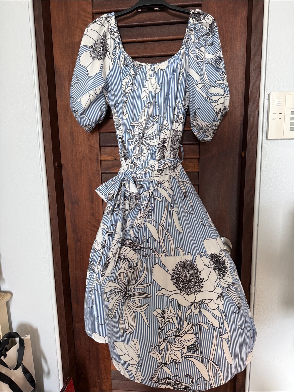 Floral Stripe Puff-Sleeve Midi Dress in Blue and White
